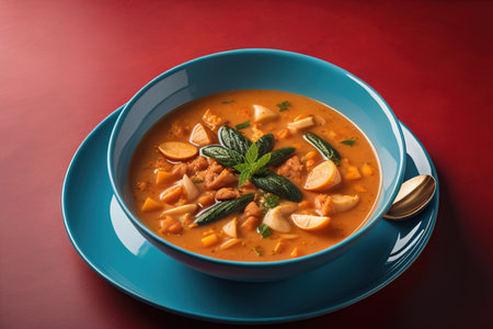 Vegetable soup in a bowl on wooden background. ai generativeの素材