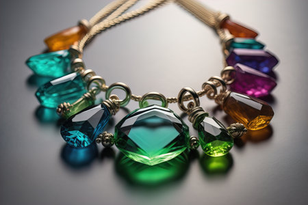 Colorful precious stones necklace on a black background in close-up. ai generativeの素材