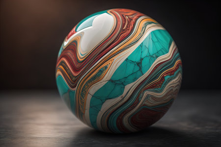 Colorful marble ball on a solid colour background. Close-up. ai generativeの素材