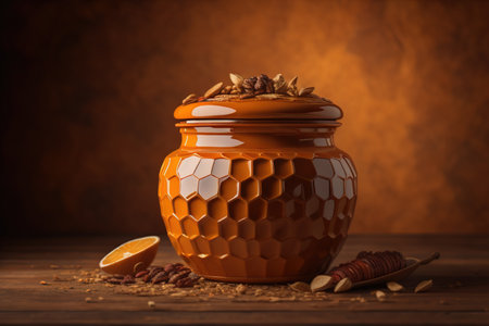 Jar of honey with solid colour background. ai generativeの素材