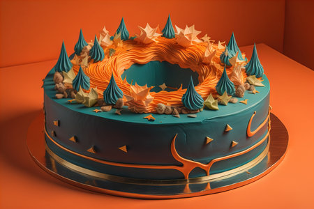 Chocolate cake with cream on a solid color background. Toned. ai generativeの素材