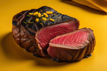 Raw beef sirloin steak with ingredients for cooking on wooden background. ai generativeの素材