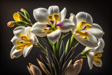 Bouquet of crocus and tulips on solid color background. ai generativeの素材