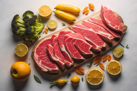 Raw beef sirloin steak with ingredients for cooking on wooden background. ai generativeの素材