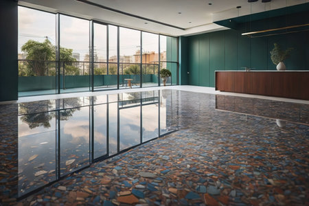 Interior of a hotel lobby with marble floor and colorful wall tiles. ai generativeの素材