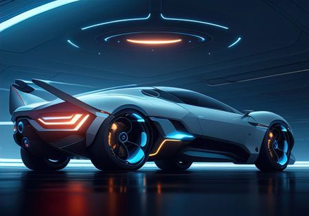 Futuristic black sports car in neon light. ai generativeの素材