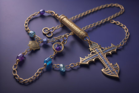 jewelry necklace with cross and rosary on purple background. generative aiの素材