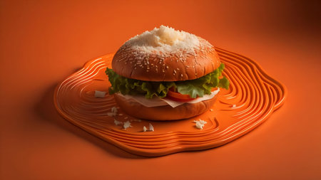 Burger with cheese and vegetables on orange background. Concept of fast food.の素材