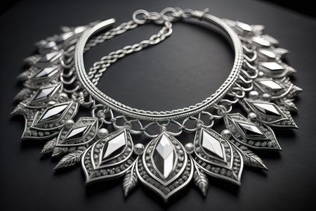 Silver necklace on a solid color background in close-up. ai generativeの素材