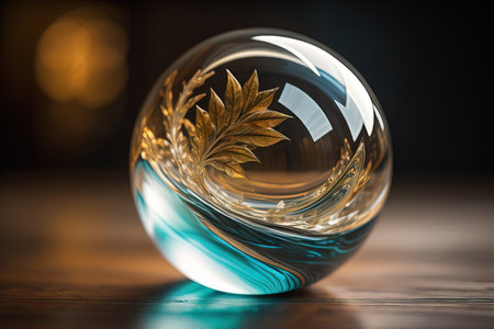 Transparent crystal ball on a wooden table. ai generativeの素材