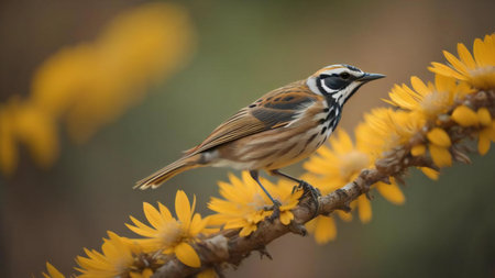 Reed bunting, Emberiza schoeniclus, single bird on yellow flowers, Warwickshire. generative aiの素材