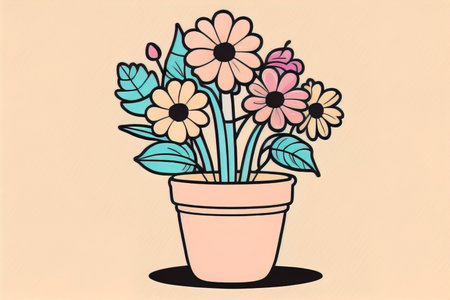 Illustration of a flowerpot with pink and blue flowers on a gray background. ai generativeの素材