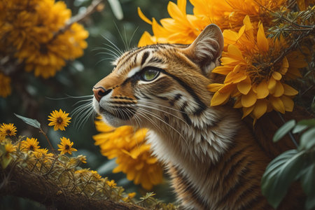 Close up of a tiger with a bouquet of yellow flowers. generative aiの素材