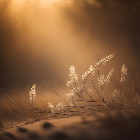 Frosted grass in the meadow at sunset. Beautiful natural background. generative aiの素材