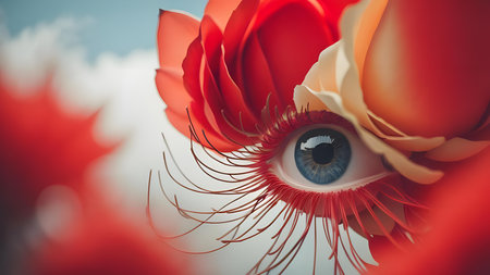 Beautiful female eye with long eyelashes and a red rose. generative aiの素材