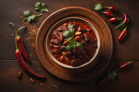 Beans stewed with red chili peppers and parsley in bowl on wooden background. generative aiの素材