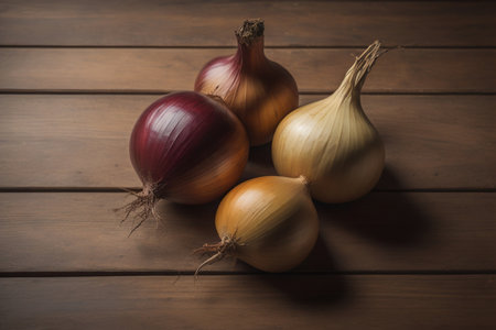 Three onions on a wooden table in front of a solid color background. ai generativeの素材