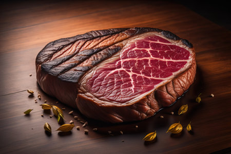 Raw beef sirloin steak with ingredients for cooking on wooden background. ai generativeの素材