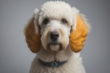 Close-up portrait of a poodle dog on a solid color background. ai generativeの素材
