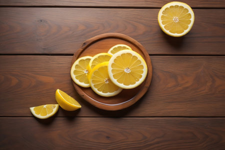 Lemon and slice of lemon on wooden background. Top view. ai generativeの素材