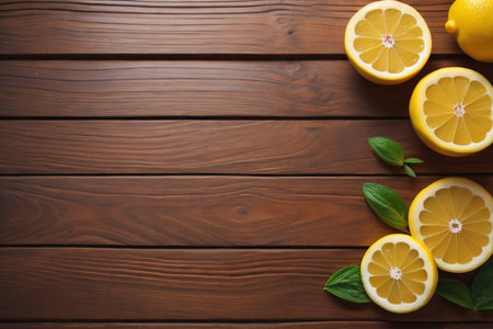 Lemon and slice of lemon on wooden background. Top view. ai generativeの素材