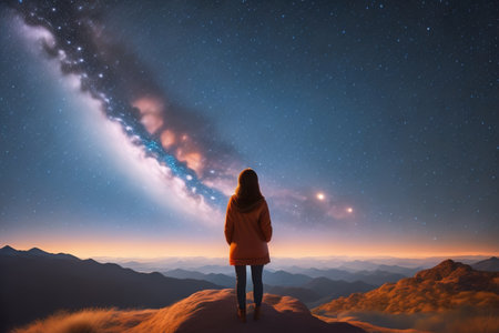 Woman looking at the starry sky with milky way in the mountains. ai generativeの素材