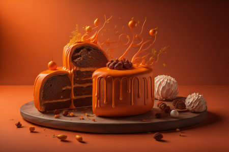 Piece of cake with chocolate frosting on the orange background. generative aiの素材