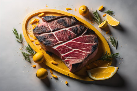 Raw beef sirloin steak with ingredients for cooking on wooden background. ai generativeの素材