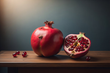 Ripe pomegranate fruit on a wooden background. Still life. ai generativeの素材