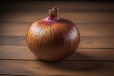 Three onions on a wooden table in front of a solid color background. ai generativeの素材