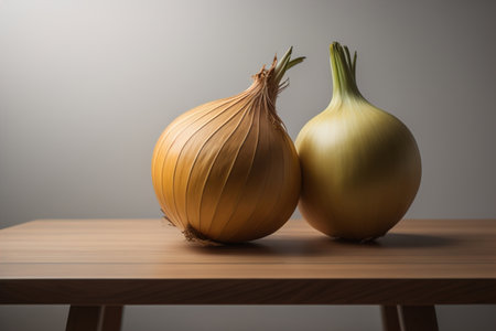 Three onions on a wooden table in front of a solid color background. ai generativeの素材