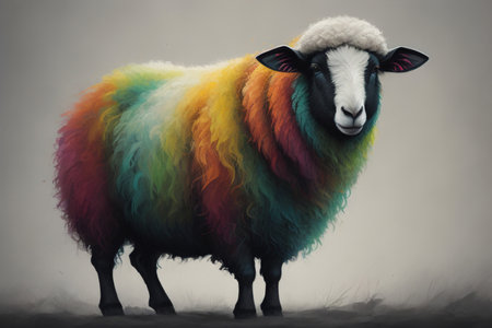 Sheep on a solid color background. Photo in old color image style. ai generativeの素材