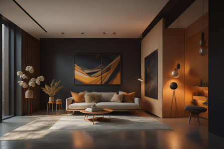 Interior of modern living room with dark brown walls, concrete floor, comfortable sofa standing near round coffee table and orange armchair. ai generatedの素材