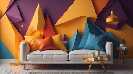 Interior of modern living room with sofa and colorful wall, generative aiの素材