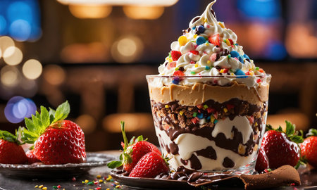 Chocolate trifle with strawberries and whipped cream in a tall glass.の素材