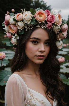 fashion outdoor photo of beautiful sensual woman with dark hair in luxurious wedding dress and accessories posing in summer gardenの素材