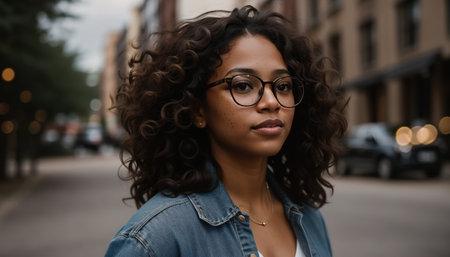 Beautiful african american woman with curly hair in the cityの素材