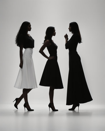 Silhouette of three women in black and white dresses, studio shotの素材
