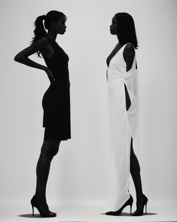 Two beautiful women in black and white dresses, back view, studio shotの素材