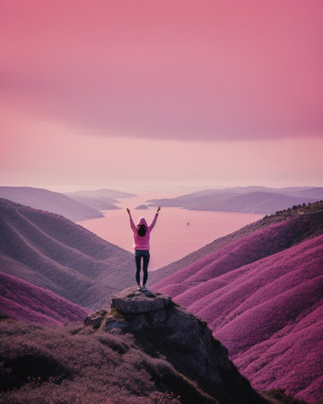 Woman standing on top of the mountain and enjoying the view over the lavender valleyの素材