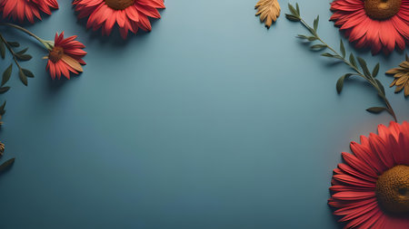 Flowers composition on blue background. Flat lay, top view, copy space. generative aiの素材