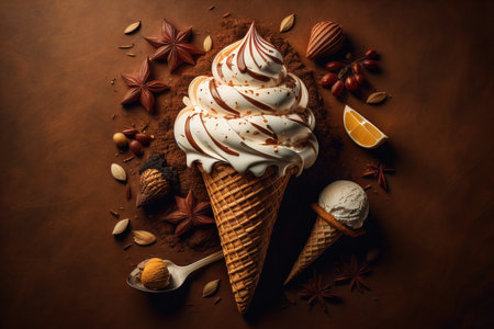Ice cream with chocolate and nuts on a brown background, top view. generative aiの素材