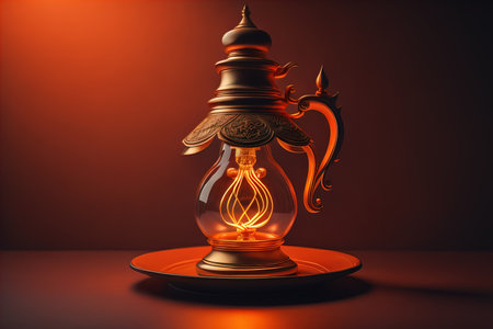 Lantern on a wooden table and a dark background. ai generativeの素材