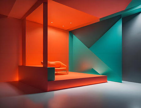 Abstract empty room with red and blue geometric pattern. generative aiの素材