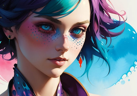 Portrait of a beautiful girl with bright make-up and colorful hair. generative aiの素材