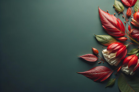 Creative layout made of red and green leaves on dark background. Flat lay, top view, copy space. generative aiの素材