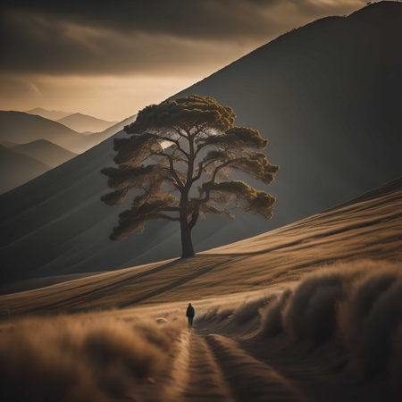 Conceptual image of a lonely man walking on a path in the hills. generative aiの素材