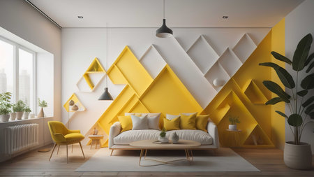 Interior of modern living room with yellow and white walls, wooden floor, yellow sofa and coffee table. generative aiの素材