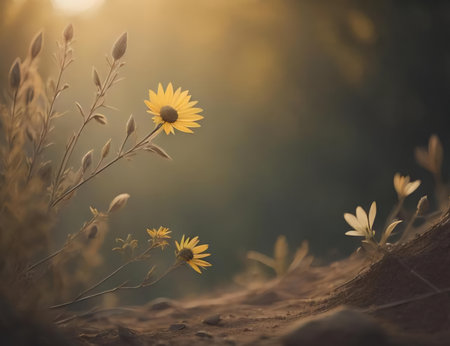 Beautiful flowers in the meadow at sunset, vintage tone. generative aiの素材