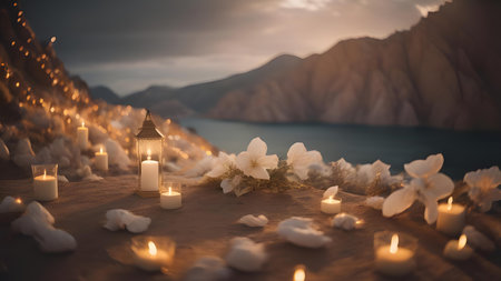 Burning candles and jasmine flowers on wooden table with mountain background. generative aiの素材